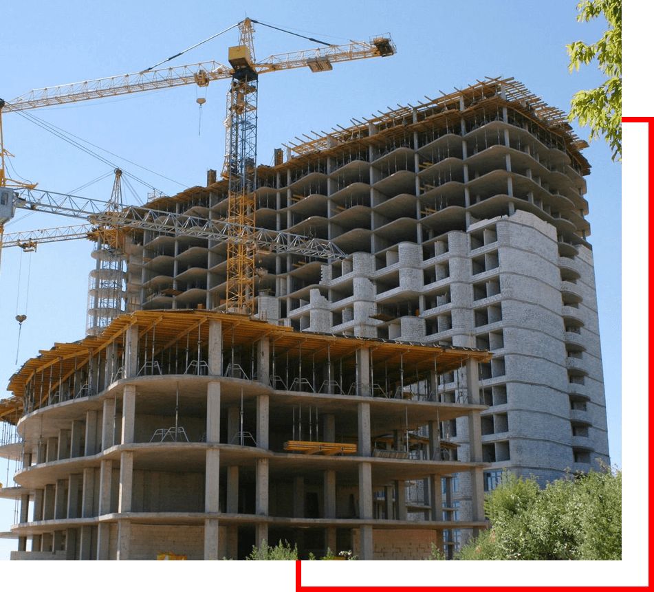 Big hoisting tower crane and construction building