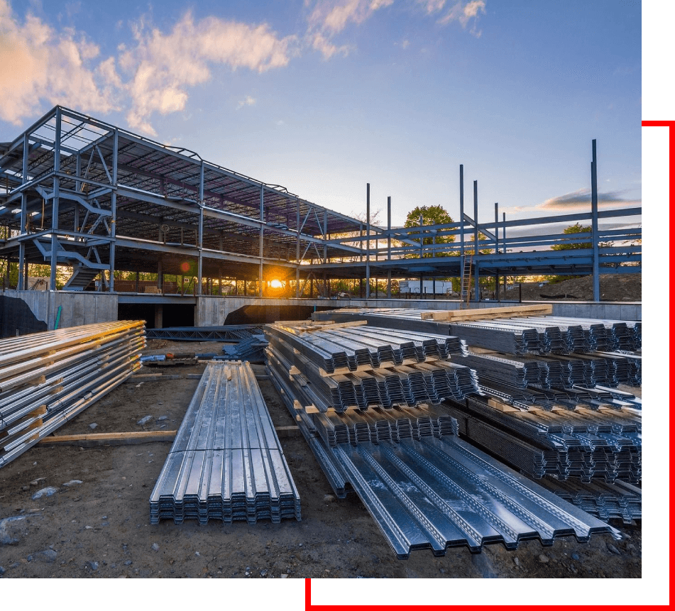 Construction site of a building with supplies